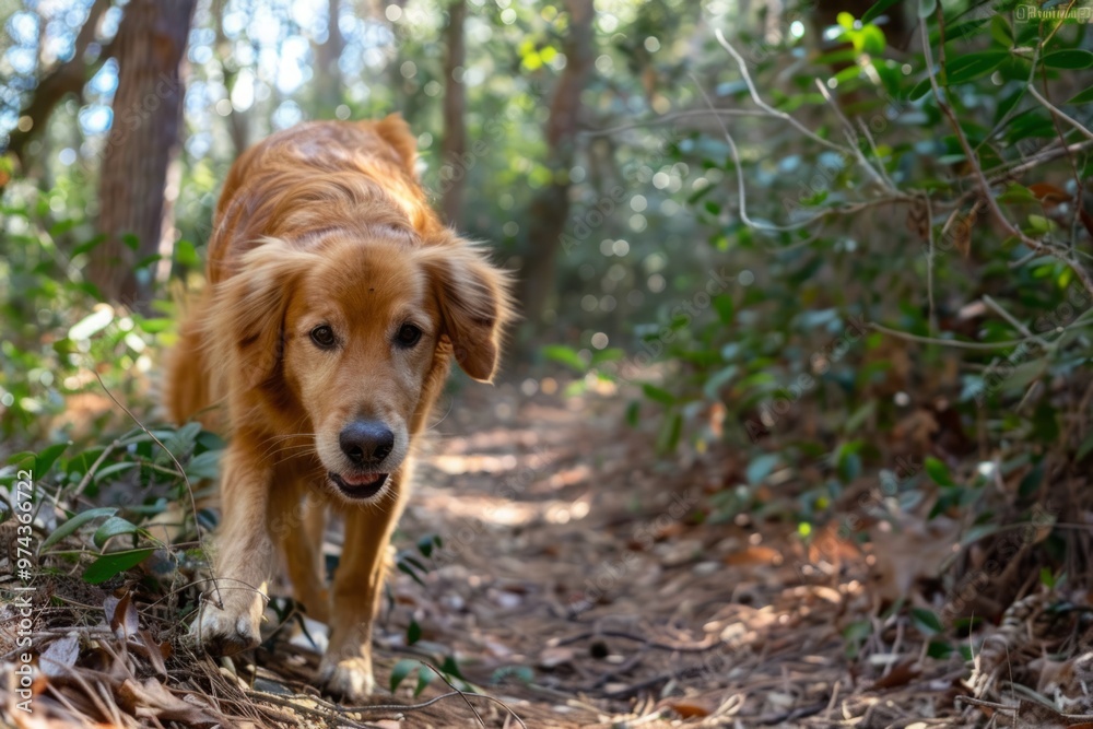 A dog hiking through a forest, its nose to the ground and its tail wagging with excitement A dog hiking through a forest, its nose to the ground and its tail wagging with excitement