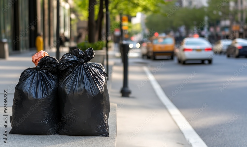 Obraz premium Garbage Bags Placed on a City Sidewalk Near Busy Traffic on a Sunny Day in an Urban Area