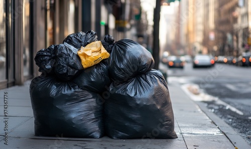 Trash Bags Stacked on Urban Sidewalk During Daylight Hours in a Bustling City Environment