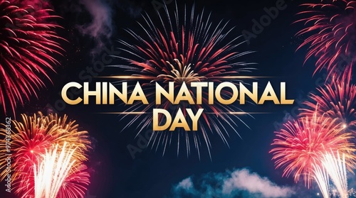 Concept with Inscription, Fireworks in celebration of China National Day with golden text photo