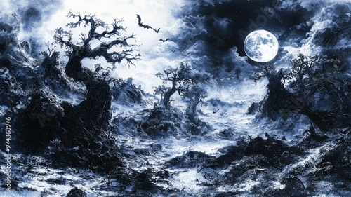 A haunting landscape featuring twisted trees under a dramatic moonlit sky, evoking an eerie atmosphere. photo