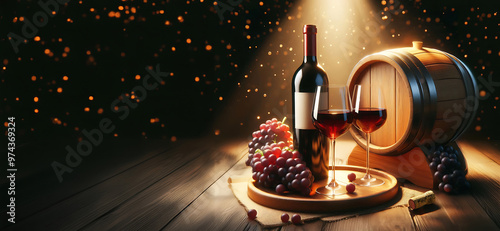 edle Gläser Rotwein und Flasche vor Weinfass mit Weintrauben und grünem Wein Blatt auf leerer Fläche als Banner Vorlage vor dunklem Hintergrund mit glitzern und Scheinwerfer Licht strahlend photo