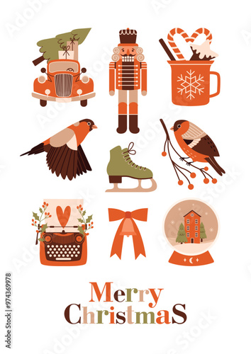 Stylish simple greeting card to Christmas. Merry Christmas, Happy New Year. Banner with vector illustrations of nutcracker, hot drink, snow globe, vintage car with fir tree, ice skates, bullfinch.