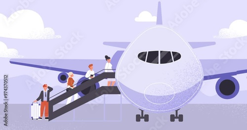 People boarding plane. Moving banner with passengers with luggage boarding plane and preparing for takeoff. Characters enter aircraft for flight. Travel and tourism. Cartoon flat animated graphics