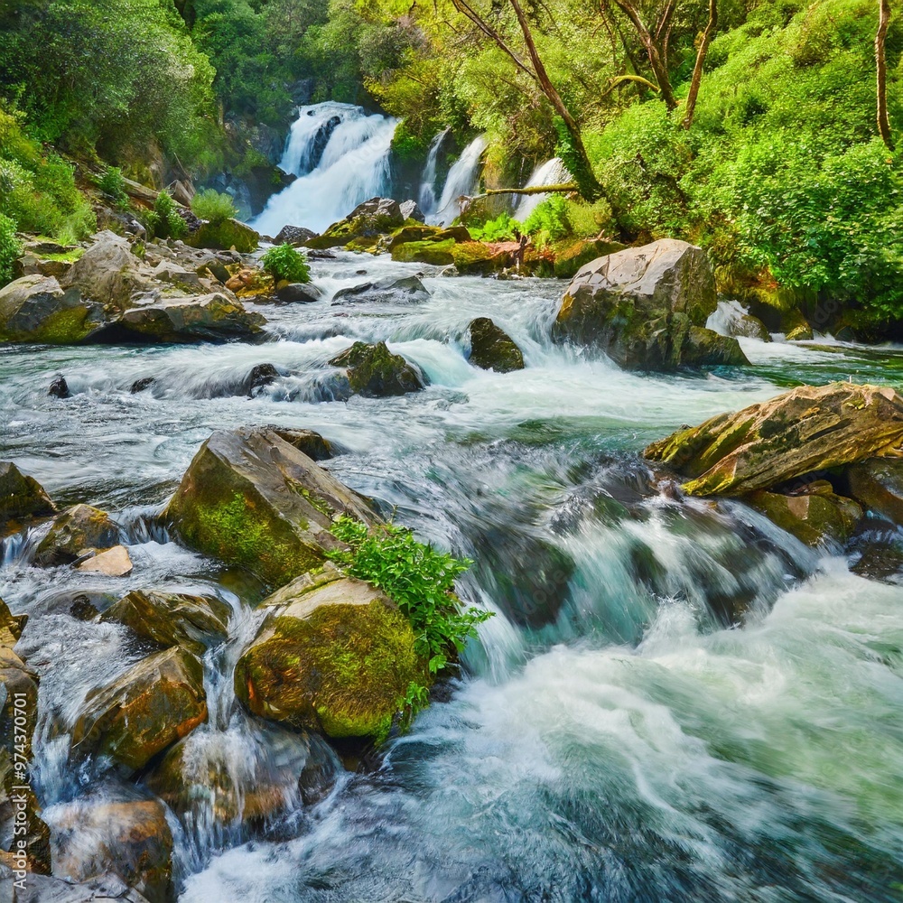Fototapeta premium Rushing River with Cascading Waterfalls Surrounded by Lush Green Vegetation