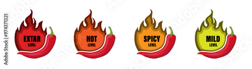 Hot spicy level labels of vector chili. Spicy food or sauce taste scale indicators, green, red, yellow and orange rating signs for hot, extra and mild taste	