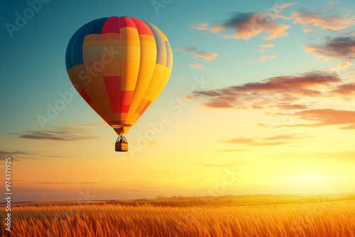 Vibrant Hot Air Balloon Soaring Over Golden Wheat Field at Sunset