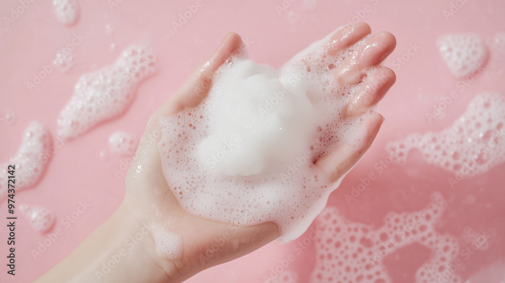 Obraz premium A well-lathering lather is on the palm of the hand. Close-up shot. The pink background accentuates the feminine beauty.