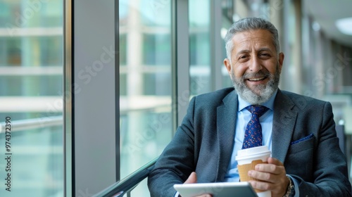 Businessman in a suit holding coffee and tablet, smiling confidently while seated in a modern office building. Professional leadership concept.