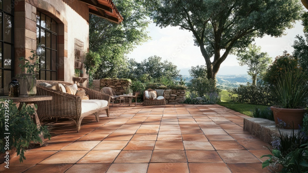 Fototapeta premium An outdoor patio covered with rustic terracotta tiles, creating a warm, earthy vibe in a garden setting