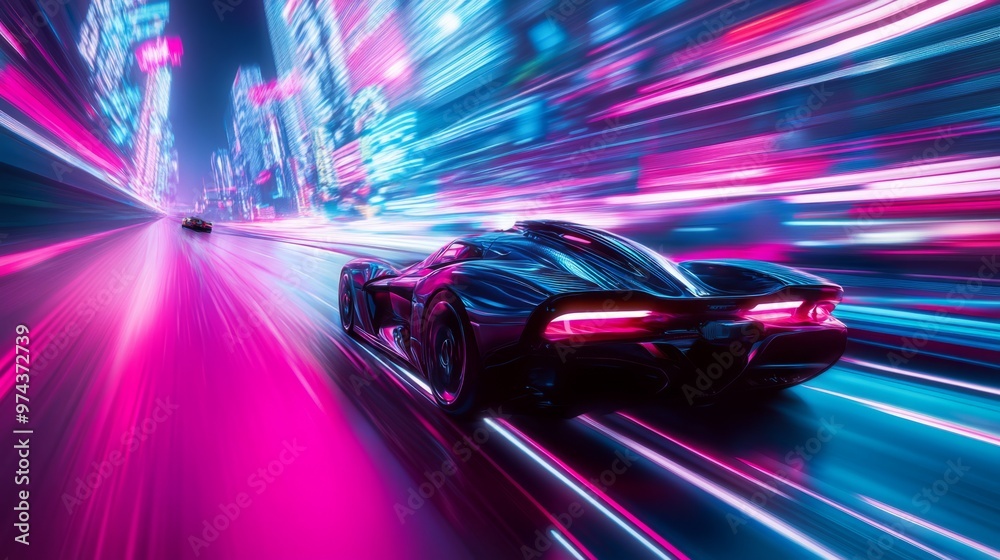 Fototapeta premium Neon City Speed: Futuristic Car Race with Glowing Trails 1