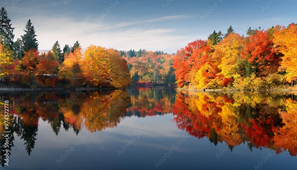 Colorful Autumn Foliage Reflecting in Still Lake, Creating a Picture-Perfect Scene Colorful Autumn Foliage Reflecting in Still Lake, Creating a Picture-Perfect Scene