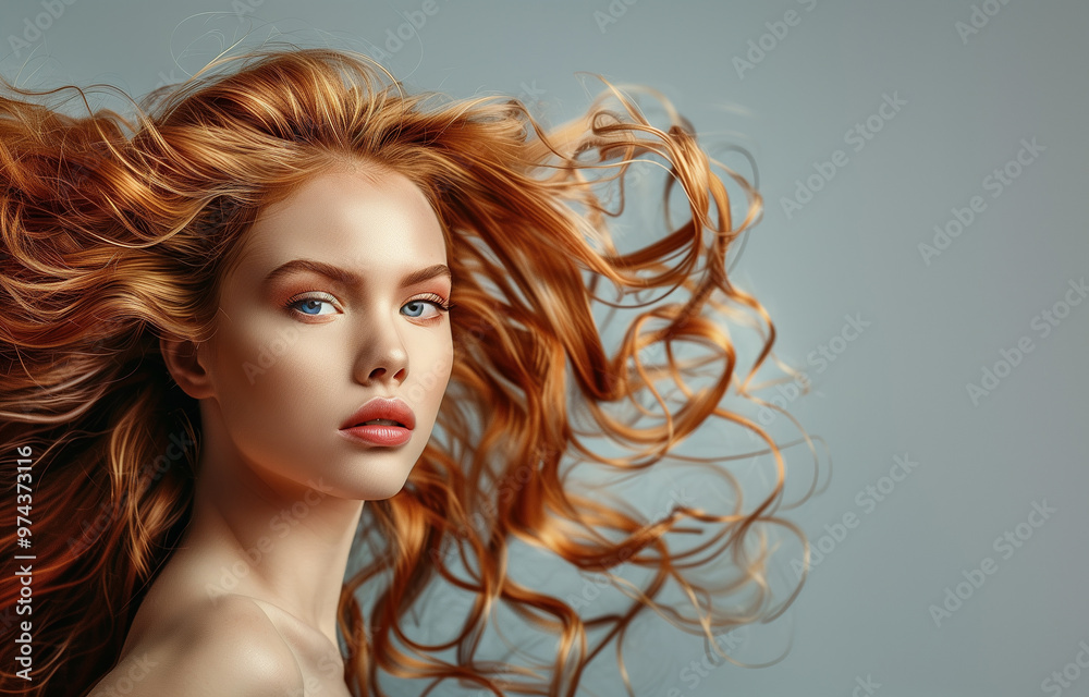 Fototapeta premium Nice young adult woman with beautiful natural long wavy red hair. Fashion make-up, clear fresh skin and curly hairstyle. Cosmetic, styling, shampoo, glance and hairdresser concept