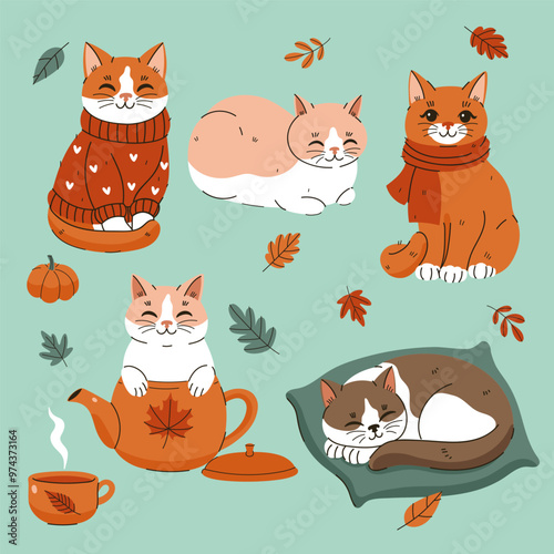 Set of cute cozy autumn cats. Vector graphics.