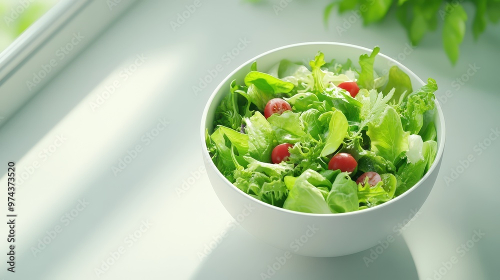 Fresh green salad in a white bowl with cherry tomatoes. Healthy vegetarian meal on a bright, sunny window sill.
