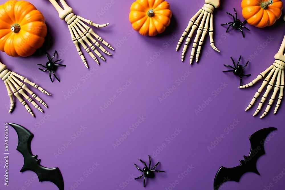 Fototapeta premium A creative Halloween flat lay with a mix of small pumpkins, skeleton hands, spiders, and bats on a striking backdrop