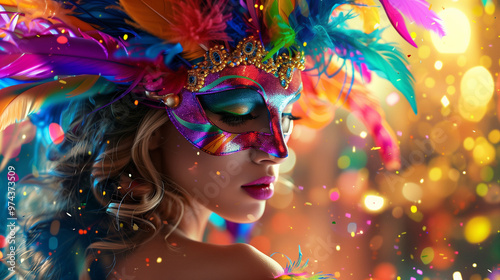 Glamorous woman in carnival mask. Beauty model woman wearing masquerade mask at party over holiday background with magic glow and bkeh light photo