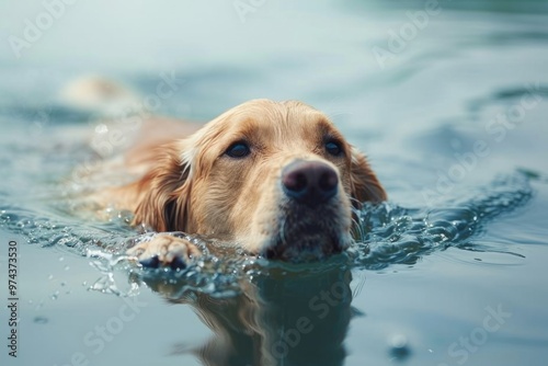 A dog swimming in a lake, its paws paddling and its body splashing playfully.