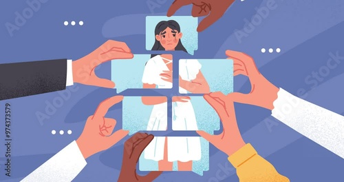 Dependence on public opinion. Moving banner with an insecure woman with low self esteem and lack of confidence. Hands of society collect girl from pieces. Cartoon flat animated graphics