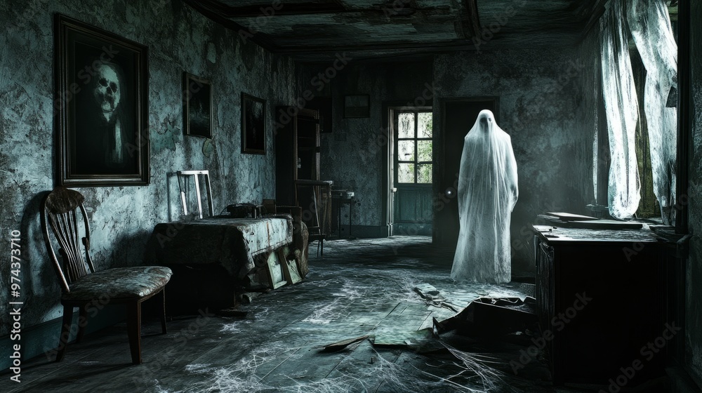 Haunted House Horror: 3D Ghostly Figure in Abandoned Building Haunted House Horror: 3D Ghostly Figure in Abandoned Building
