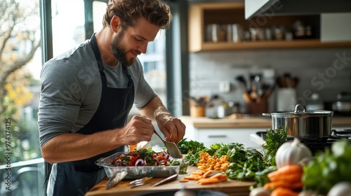 Man cooking healthy meal in modern kitchen, chopping vegetables and preparing ingredients, surrounded by fresh produce.