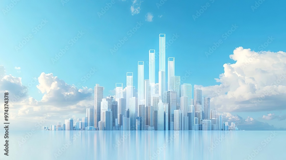 Fototapeta premium A cityscape with skyscrapers forming an upward graph, illustrating economic progress and the culmination of collective ambitions and skills
