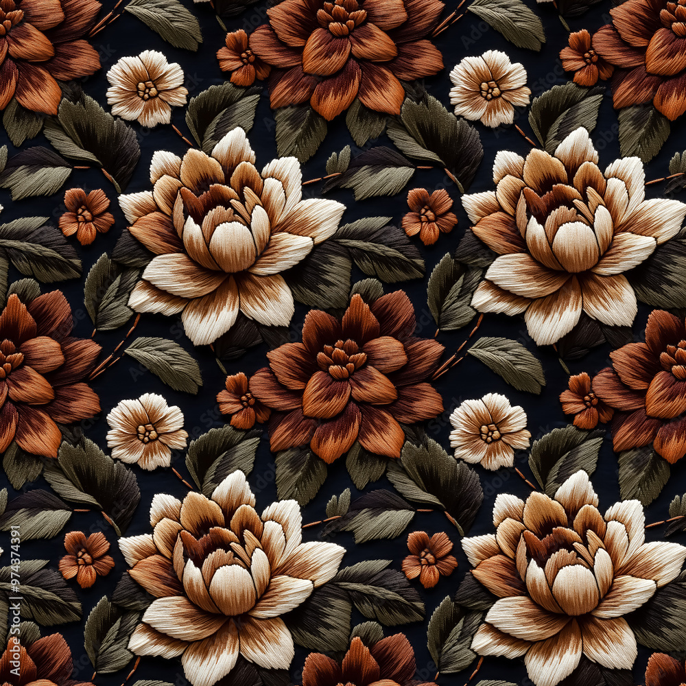 Fototapeta premium Illustration of nature flower. Seamless patterns in stumpwork embroidery style of floral.[B-0172]