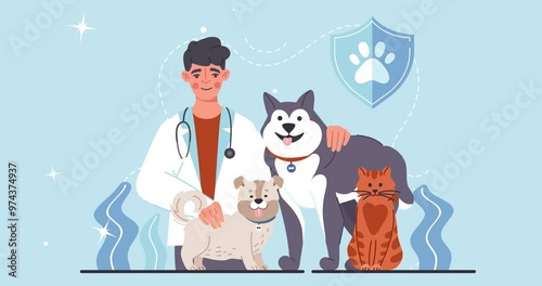 Veterinarian with pets. Moving banner with happy male vet doctor in uniform examining fluffy dogs and cats in veterinary clinic. Medical care for domestic animals. Cartoon flat animated graphics