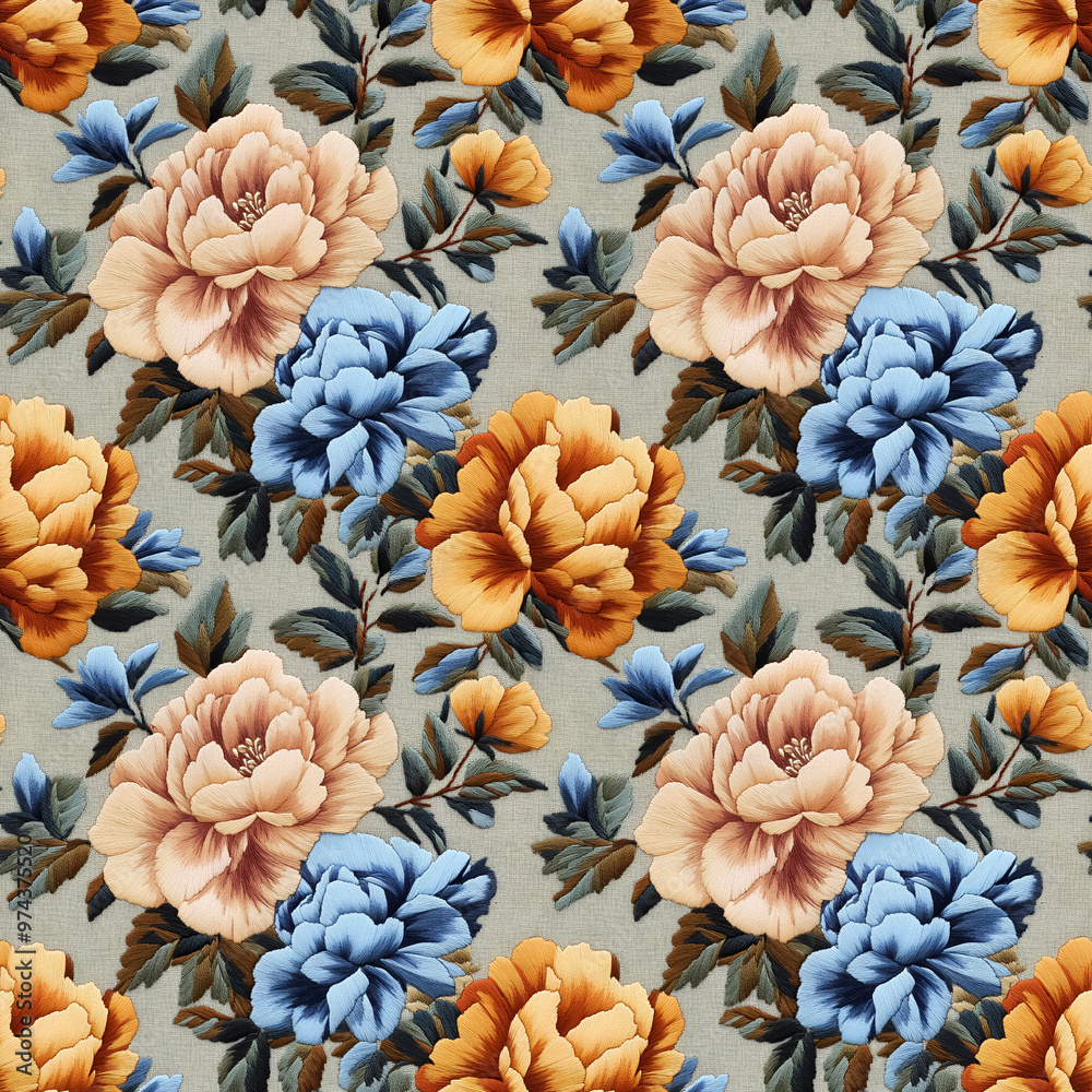 Fototapeta premium Illustration of nature flower. Seamless patterns in stumpwork embroidery style of floral.[B-0153]