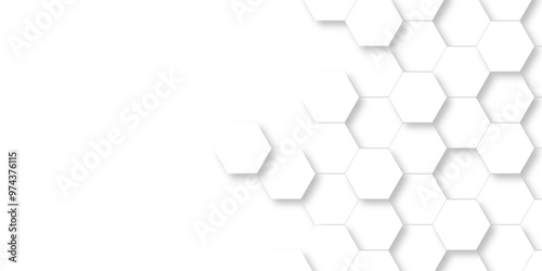 Honeycomb geometric white grid emboss hexagonal background. Vector abstract 3d white hexagon realistic mesh web cell hexagon honeycomb texture. 