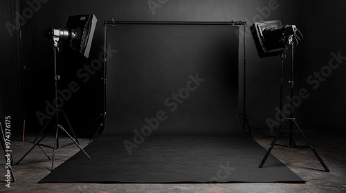 Blank black studio. black background studio. Generative AI.