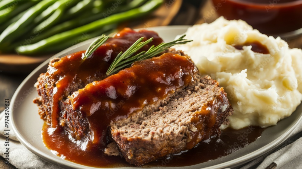 Enjoy a hearty, homemade meal with juicy slices of meatloaf smothered in savory gravy, served alongside creamy mashed potatoes and green beans Enjoy a hearty, homemade meal with juicy slices of meatloaf smothered in savory gravy, served alongside creamy mashed potatoes and green beans