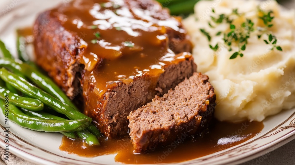 Enjoy a hearty, homemade meal with juicy slices of meatloaf smothered in savory gravy, served alongside creamy mashed potatoes and green beans Enjoy a hearty, homemade meal with juicy slices of meatloaf smothered in savory gravy, served alongside creamy mashed potatoes and green beans