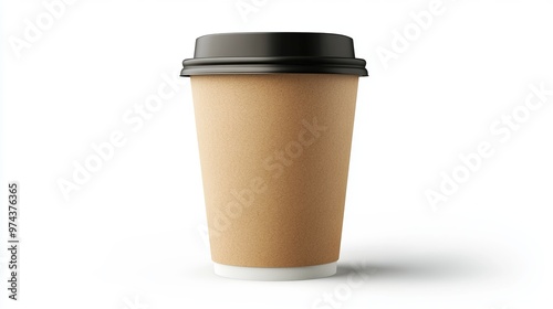 A coffee cup with a lid sits on a white background