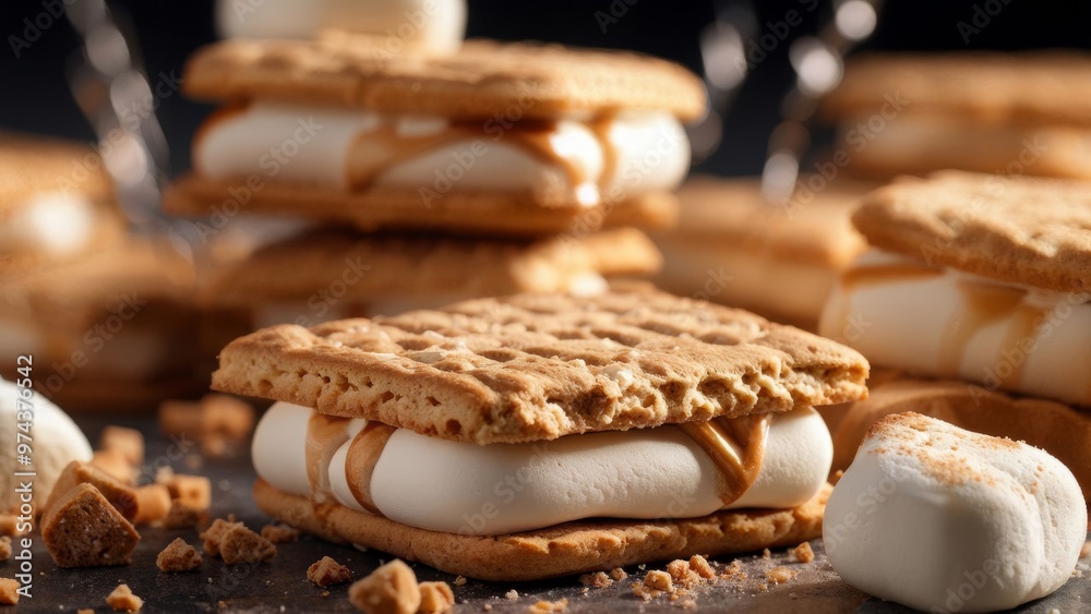 Obraz premium National S'mores Light Dessert Day. The dessert is a baked marshmallow with a layer of chocolate bars sandwiched between two pieces of Graham cracker.