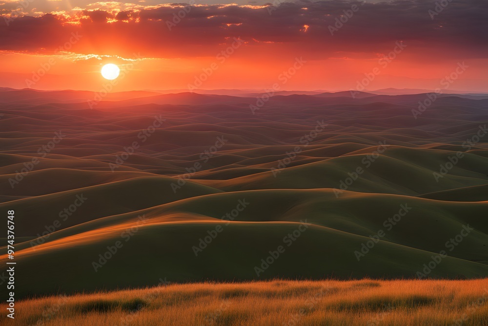 Shiny rays of red and orange light streaming from a distant sunset over rolling hills, AI Generated Shiny rays of red and orange light streaming from a distant sunset over rolling hills, AI Generated