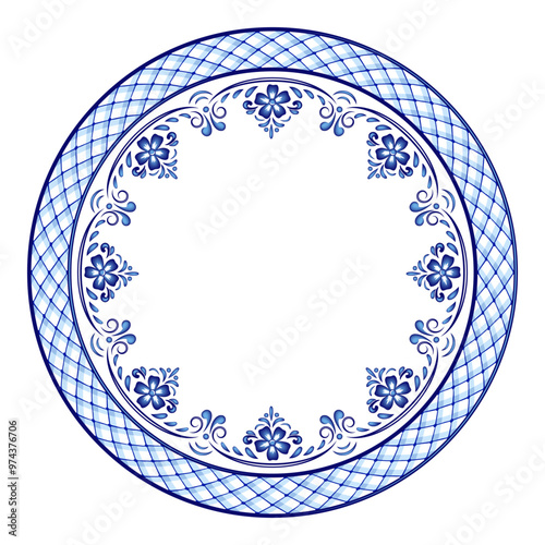 Russian traditional Gzhel paintings. Porcelain blue painting patterns.