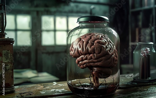 Human brain in a glass jar on a wooden background. 3d render photo