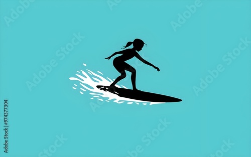 Silhouette of a surfer on a black surfboard in a crouched position on a solid turquoise background