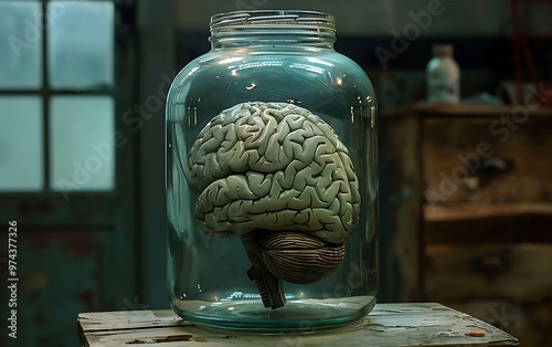 Human brain in a glass jar on a wooden background. 3d render photo