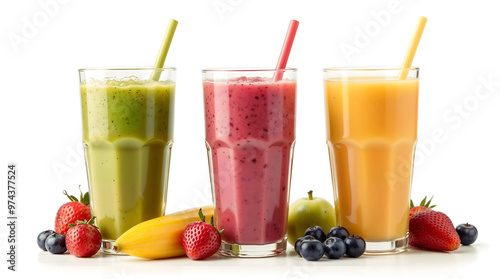 Colorful fruit smoothies in glasses with fresh fruits on white background