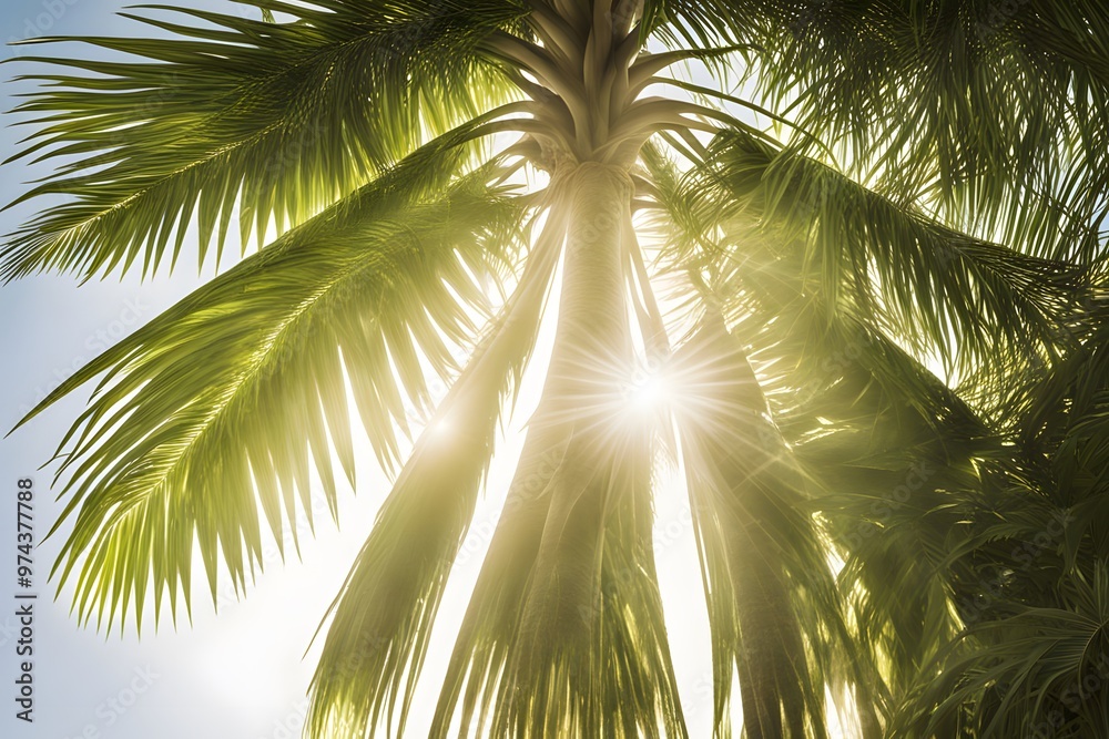 Fototapeta premium Shiny white rays of light shining through the leaves of a palm tree on a tropical beach, Ai Generated