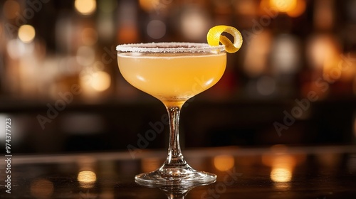classic sidecar with lemon twist and sugared rim, served in a coupe glass, set against a sophisticated bar backdrop, emphasizing the refined elegance of high-end cocktail presentation