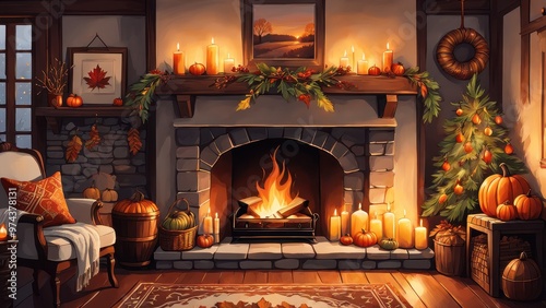 A cozy autumn scene featuring a fireplace adorned with candles, pumpkins, and seasonal decorations.