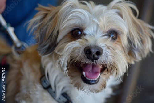 A small dog with a black collar is smiling and has its mouth open