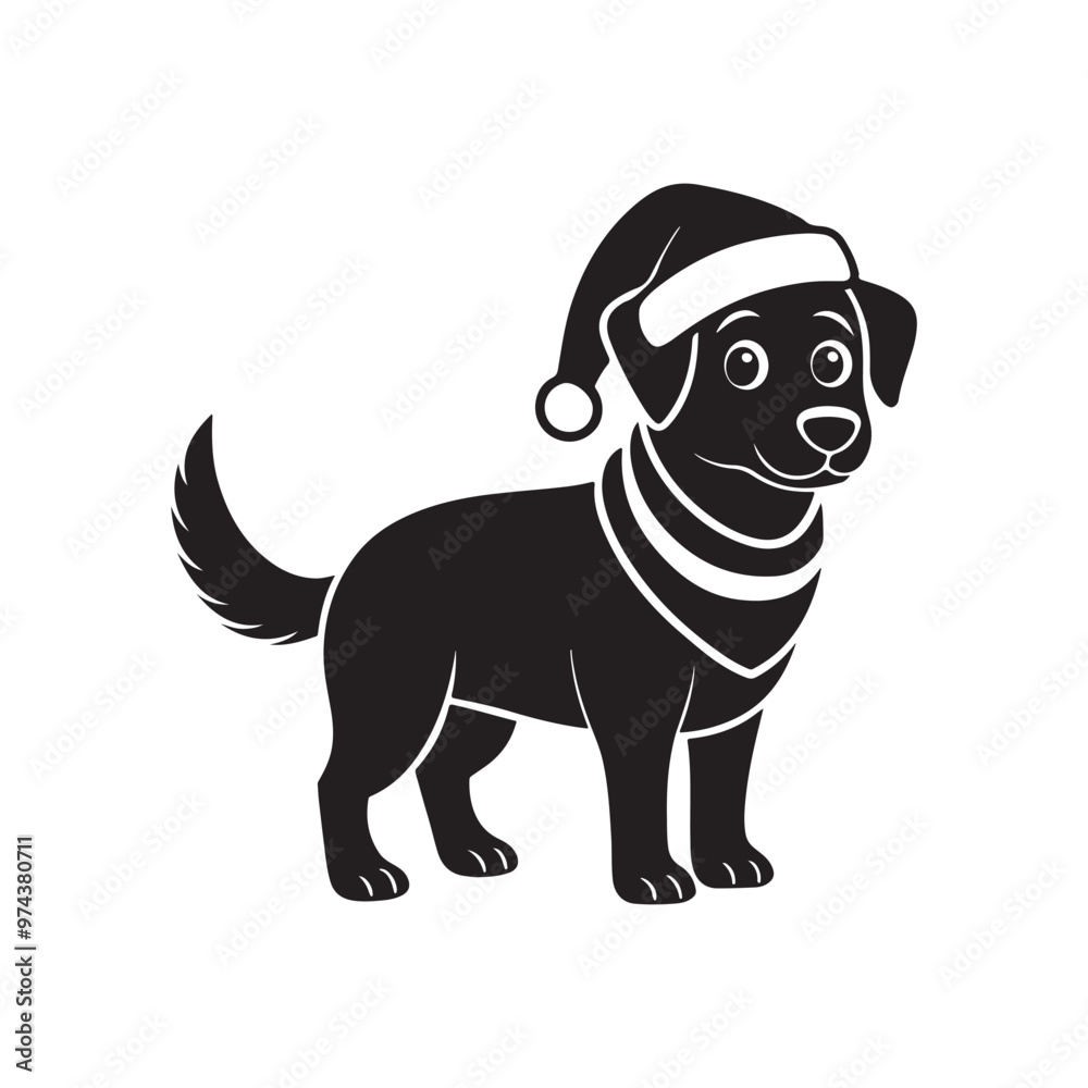 Fototapeta premium Christmas cute dog in Santa Hat and Scarf, silhouette vector, isolated on white background, black and white silhouette, vector and illustration