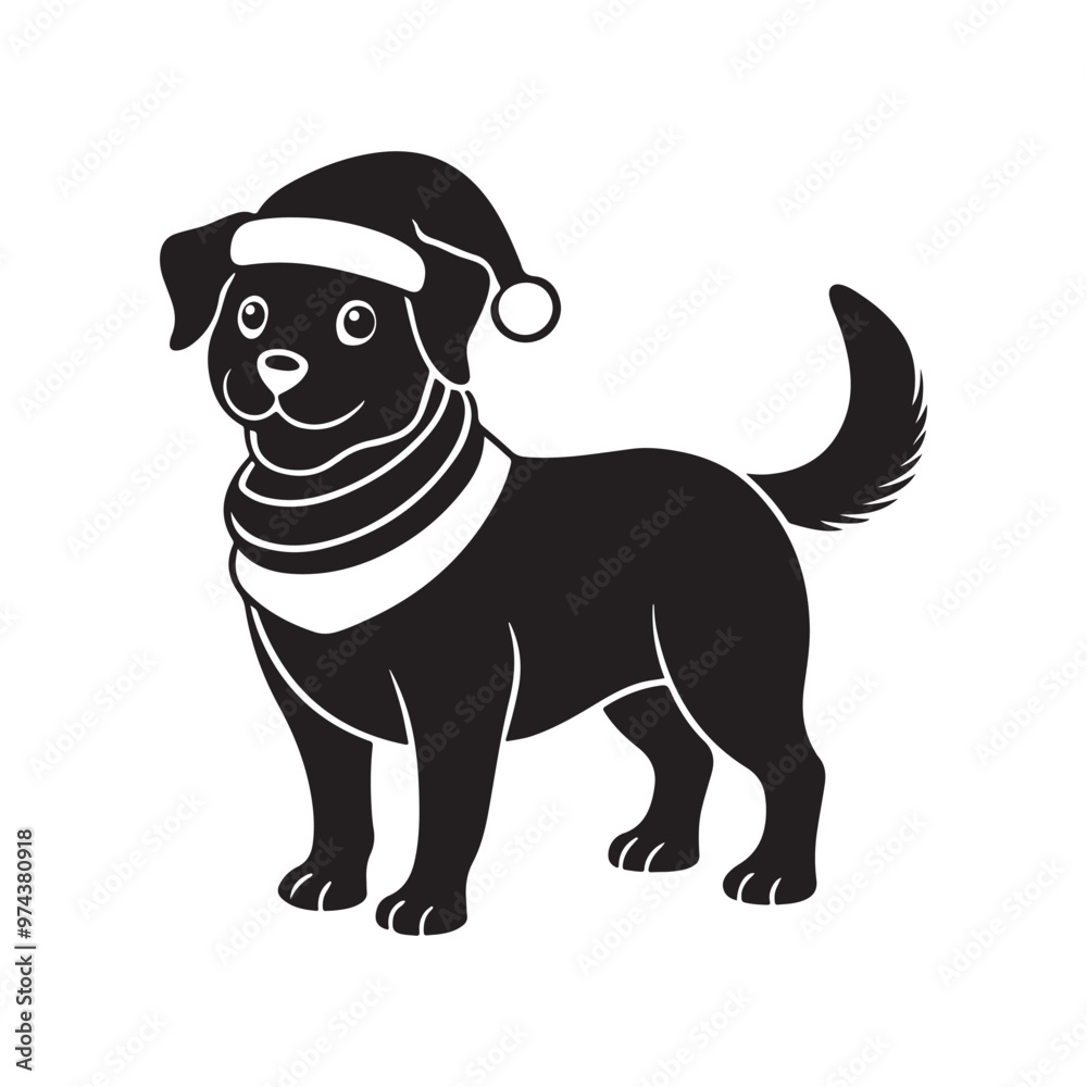 Obraz premium Christmas cute dog in Santa Hat and Scarf, silhouette vector, isolated on white background, black and white silhouette, vector and illustration