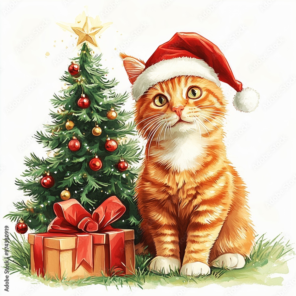 A cheerful orange cat wearing a Santa hat beside a decorated Christmas tree and gift A cheerful orange cat wearing a Santa hat beside a decorated Christmas tree and gift
