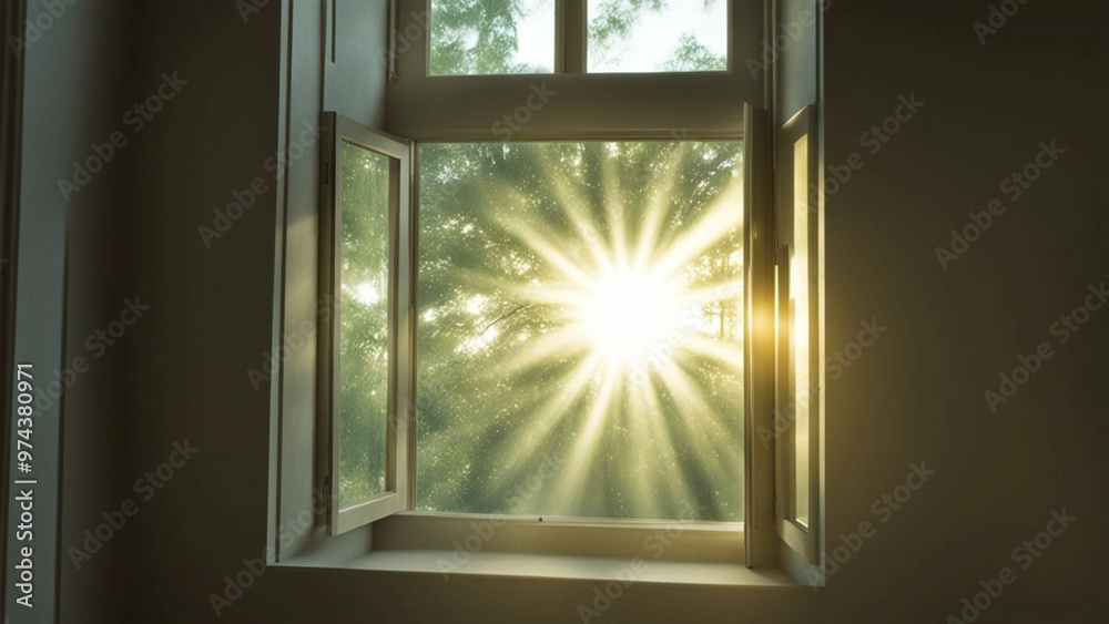 Fototapeta premium Wooden window frame with open glass panes, casting warm light onto the dimly lit room, revealing a view of the night sky beyond