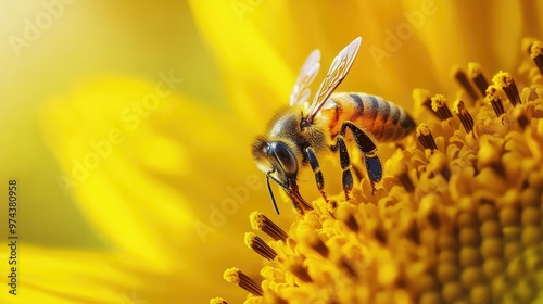 A bee gathers pollen from the center of a sunflower, highlighting its role in the ecosystem with vibrant yellow petals surrounding